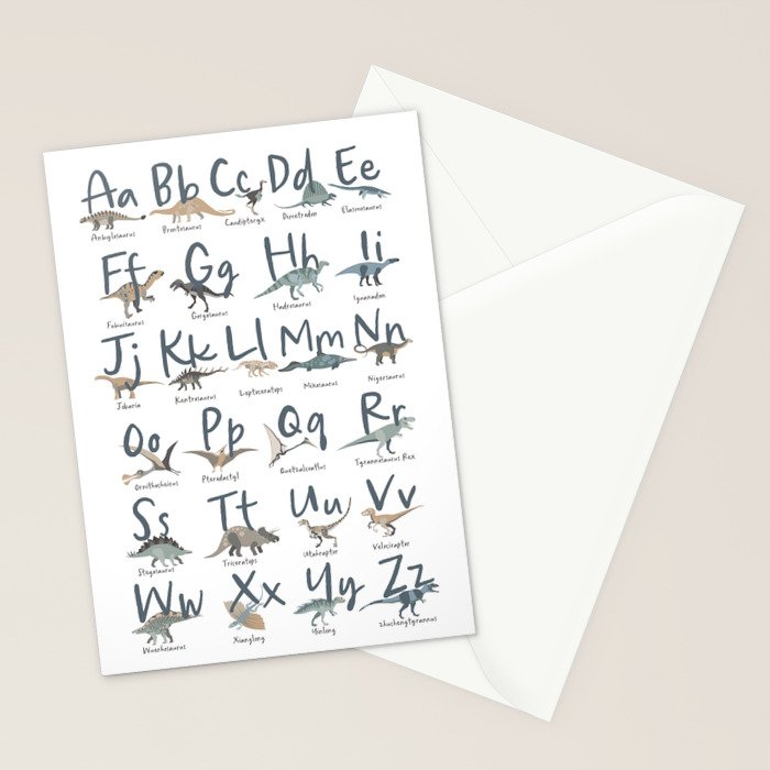 Dinosaur alphabet in muted shades of blue, grey and green Stationery Card Gallery Image 2