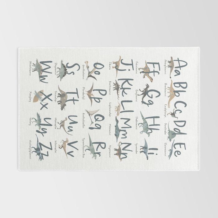 Dinosaur alphabet in muted shades of blue, grey and green Rug Gallery Image 2