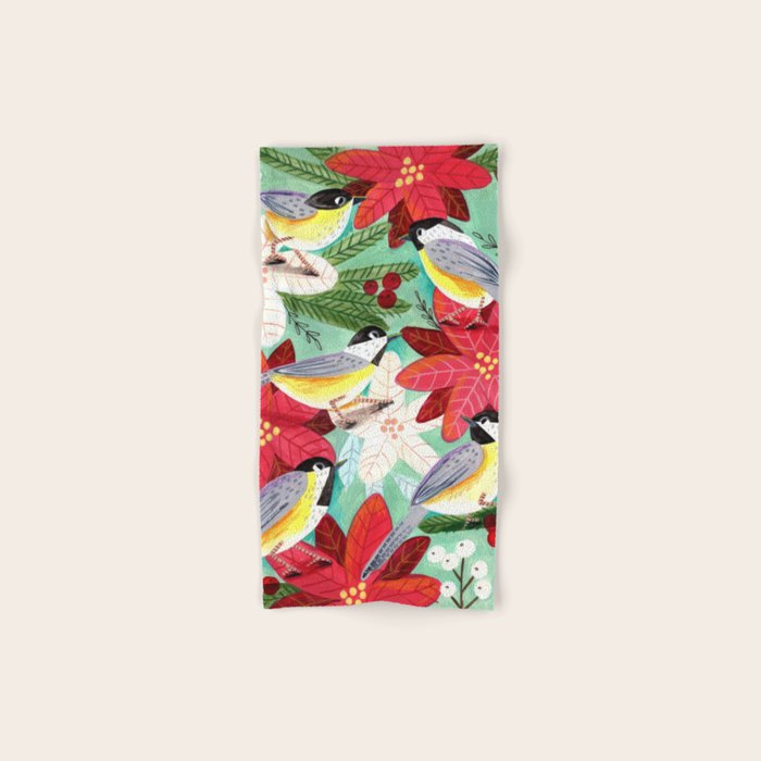 Winter birds tits and Christmas flowers Bath Towel Gallery Image 1
