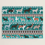 Fluffy and bright fair isle knitting doggie friends // pine and java green background brown orange white and grey dog breeds  Jigsaw Puzzle Gallery Image 1