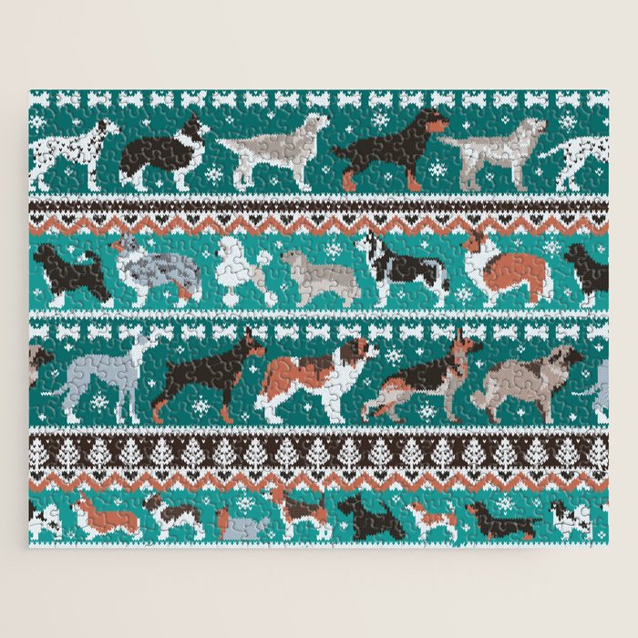 Fluffy and bright fair isle knitting doggie friends // pine and java green background brown orange white and grey dog breeds  Jigsaw Puzzle Gallery Image 1
