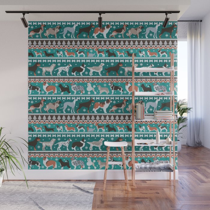 Fluffy and bright fair isle knitting doggie friends // pine and java green background brown orange white and grey dog breeds  Wall Mural Gallery Image 1