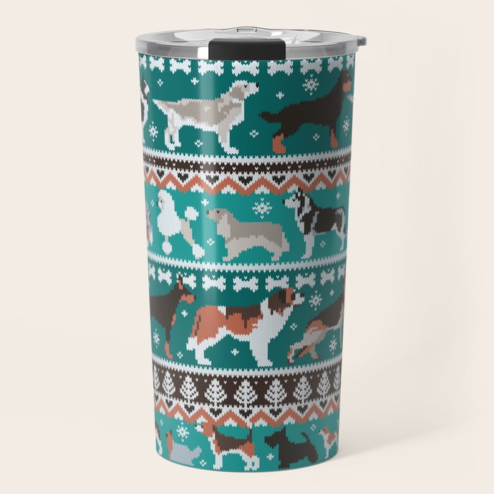 Fluffy and bright fair isle knitting doggie friends // pine and java green background brown orange white and grey dog breeds  Travel Mug Gallery Image 1