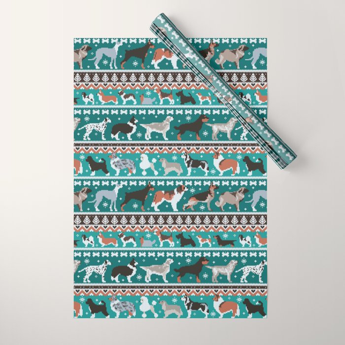 Fluffy and bright fair isle knitting doggie friends // pine and java green background brown orange white and grey dog breeds  Wrapping Paper Gallery Image 1