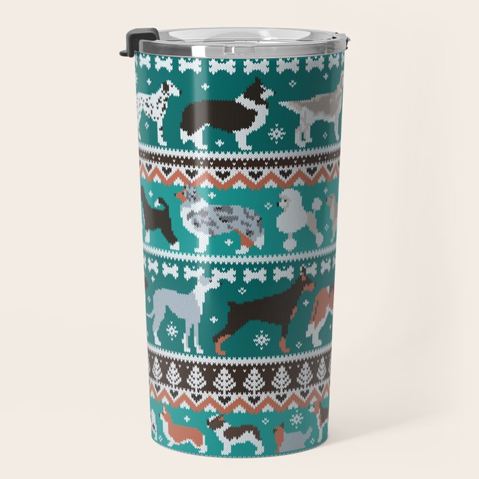 Fluffy and bright fair isle knitting doggie friends // pine and java green background brown orange white and grey dog breeds  Travel Mug Gallery Image 3