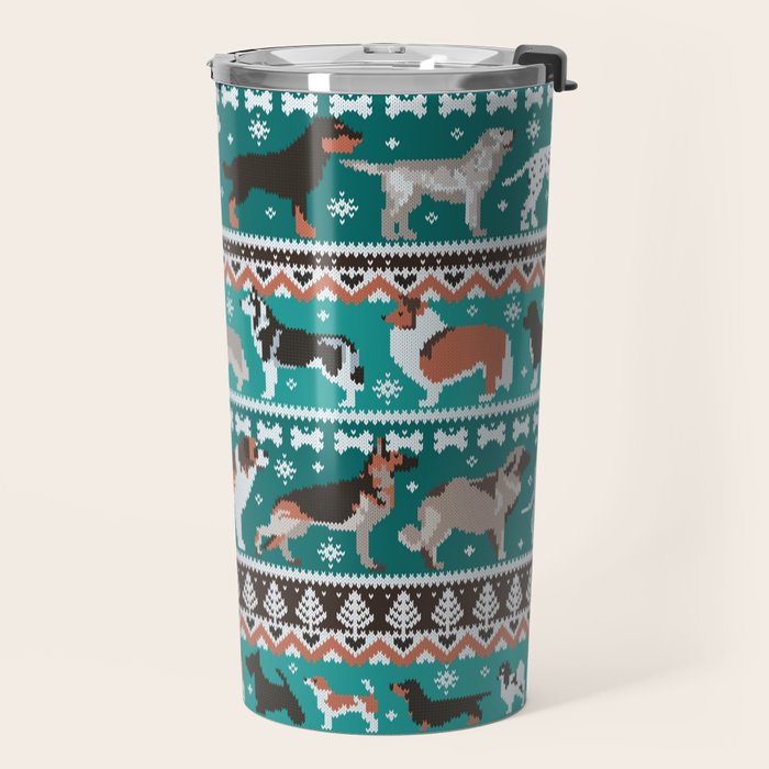 Fluffy and bright fair isle knitting doggie friends // pine and java green background brown orange white and grey dog breeds  Travel Mug Gallery Image 2