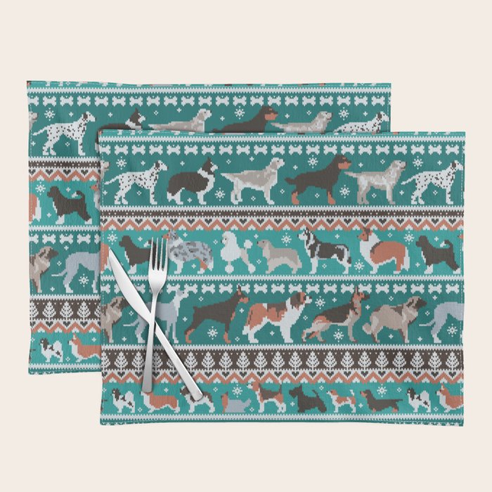 Fluffy and bright fair isle knitting doggie friends // pine and java green background brown orange white and grey dog breeds  Placemat Gallery Image 1