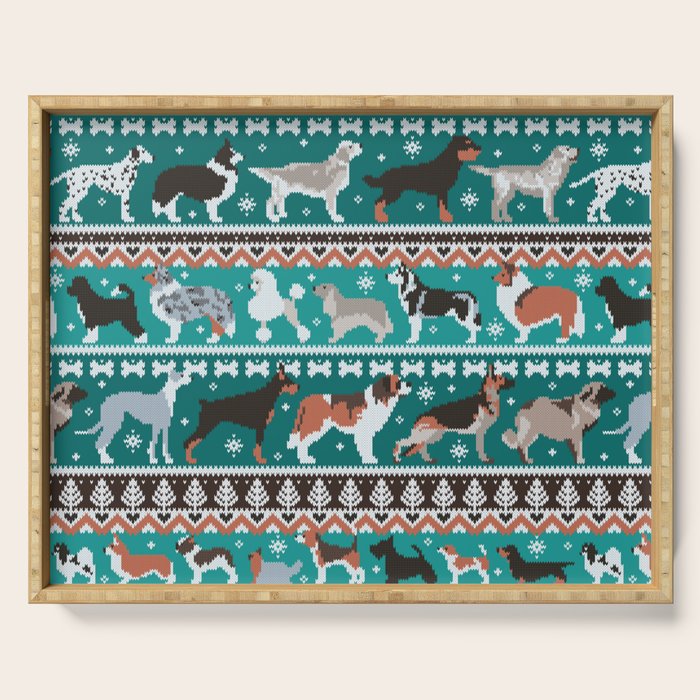 Fluffy and bright fair isle knitting doggie friends // pine and java green background brown orange white and grey dog breeds  Serving Tray Gallery Image 1