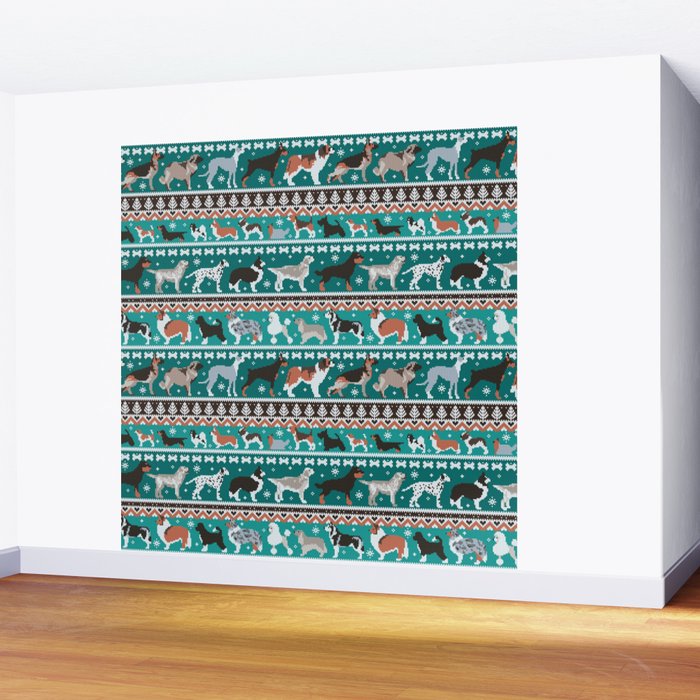 Fluffy and bright fair isle knitting doggie friends // pine and java green background brown orange white and grey dog breeds  Wall Mural Gallery Image 2