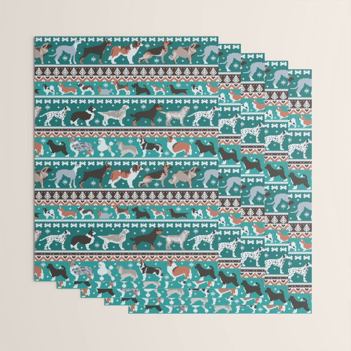 Fluffy and bright fair isle knitting doggie friends // pine and java green background brown orange white and grey dog breeds  Wrapping Paper Gallery Image 3
