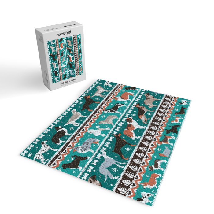 Fluffy and bright fair isle knitting doggie friends // pine and java green background brown orange white and grey dog breeds  Jigsaw Puzzle Gallery Image 2