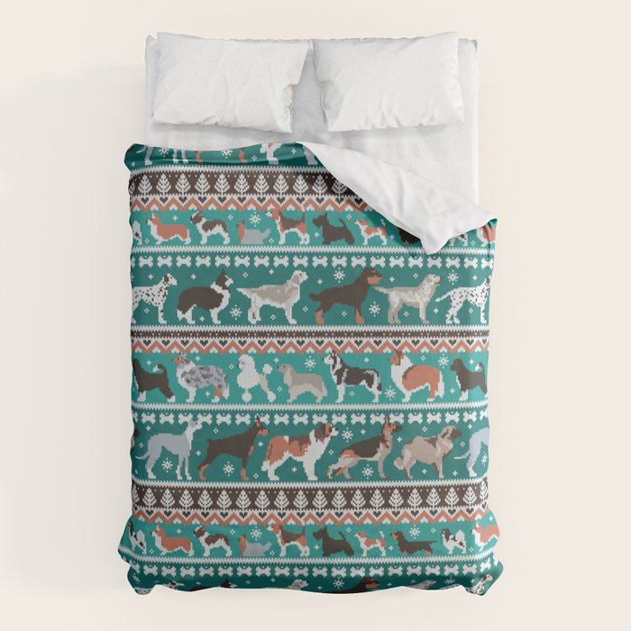 Fluffy and bright fair isle knitting doggie friends // pine and java green background brown orange white and grey dog breeds  Duvet Cover Gallery Image 6