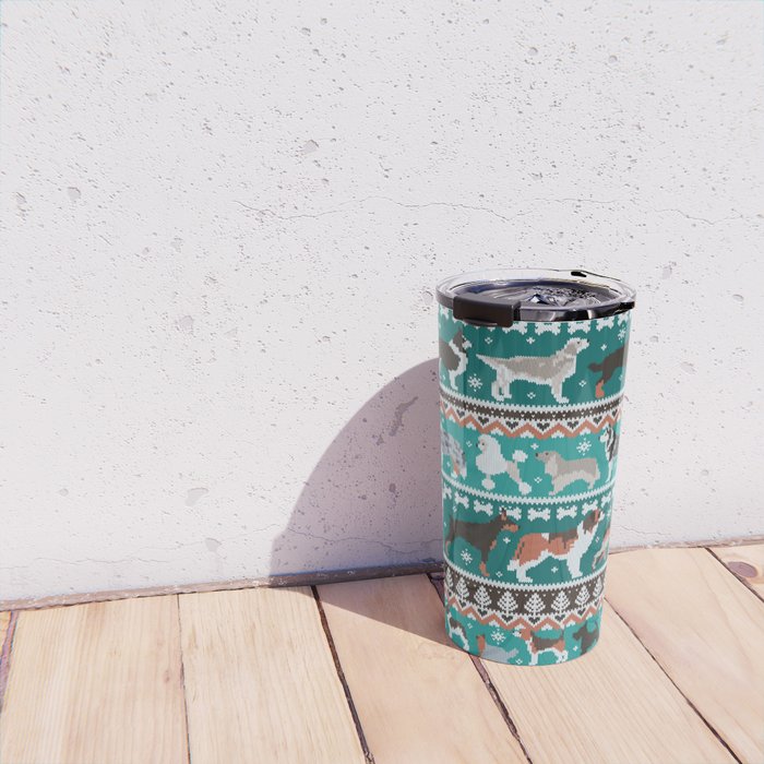 Fluffy and bright fair isle knitting doggie friends // pine and java green background brown orange white and grey dog breeds  Travel Mug Gallery Image 4