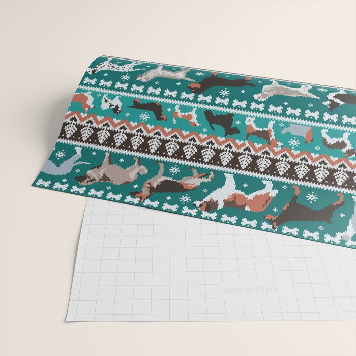 Fluffy and bright fair isle knitting doggie friends // pine and java green background brown orange white and grey dog breeds  Wrapping Paper Gallery Image 2