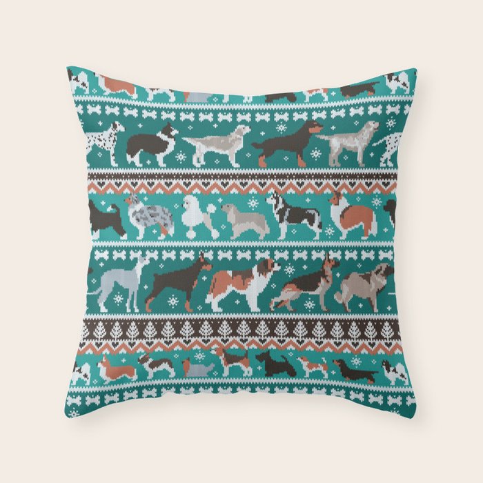 Fluffy and bright fair isle knitting doggie friends // pine and java green background brown orange white and grey dog breeds  Throw Pillow Gallery Image 6