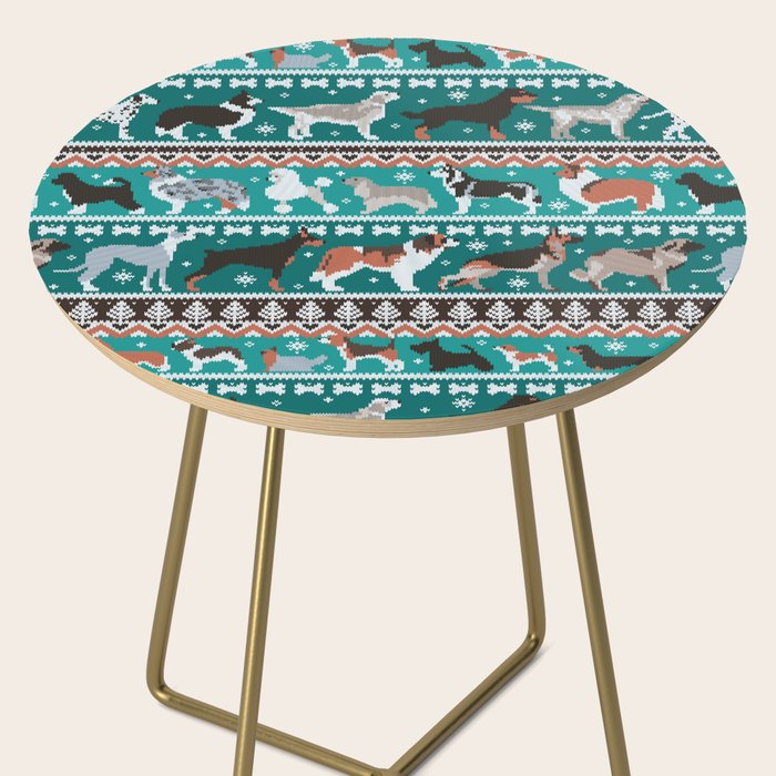 Fluffy and bright fair isle knitting doggie friends // pine and java green background brown orange white and grey dog breeds  Side Table Gallery Image 2