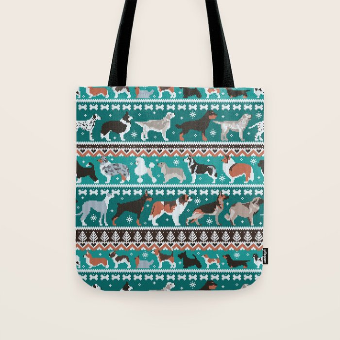Fluffy and bright fair isle knitting doggie friends // pine and java green background brown orange white and grey dog breeds  Tote Bag Gallery Image 1