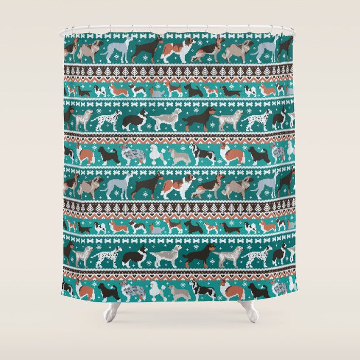 Fluffy and bright fair isle knitting doggie friends // pine and java green background brown orange white and grey dog breeds  Shower Curtain Gallery Image 1