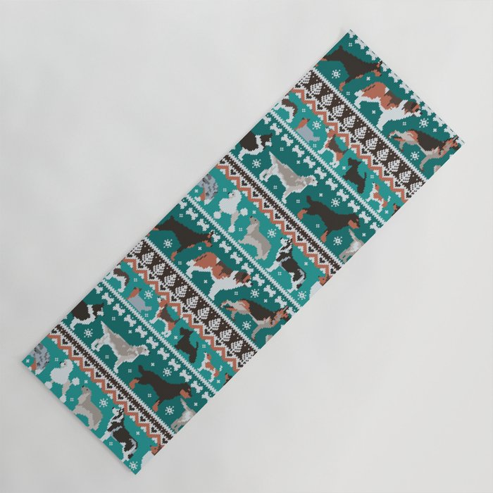 Fluffy and bright fair isle knitting doggie friends // pine and java green background brown orange white and grey dog breeds  Yoga Mat Gallery Image 1