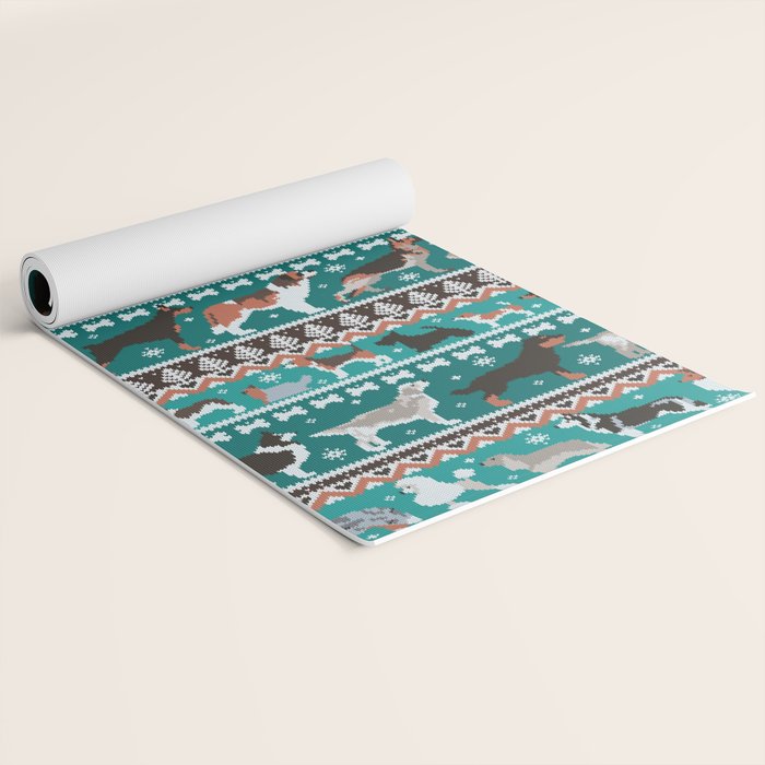 Fluffy and bright fair isle knitting doggie friends // pine and java green background brown orange white and grey dog breeds  Yoga Mat Gallery Image 2