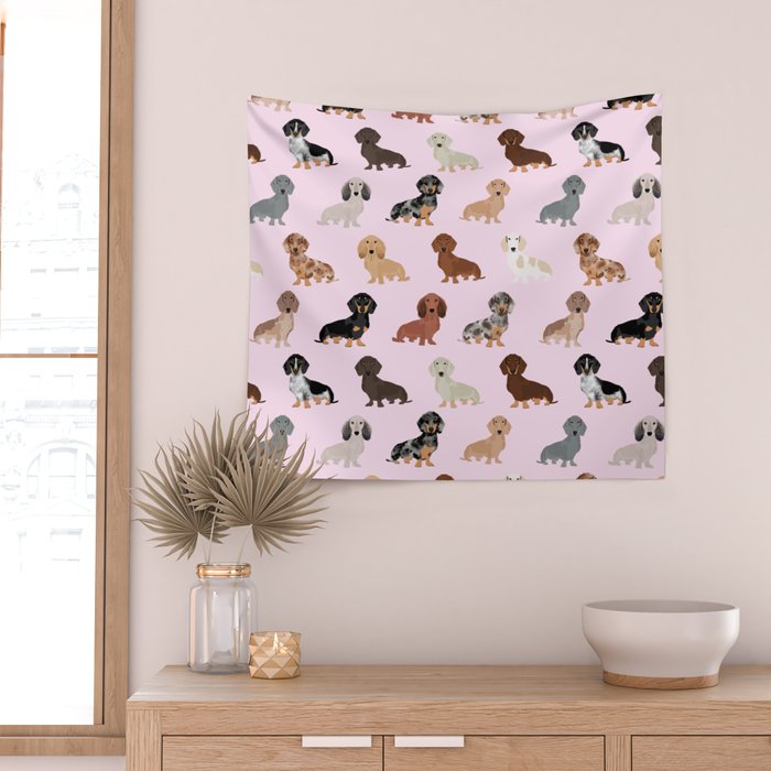 Dachshund dog breed pet pattern doxie coats dapple merle red black and tan Wall Tapestry Gallery Image 2