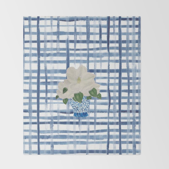 Watercolor Gingham Magnolias Ginger Jar Painting  Throw Blanket Gallery Image 2