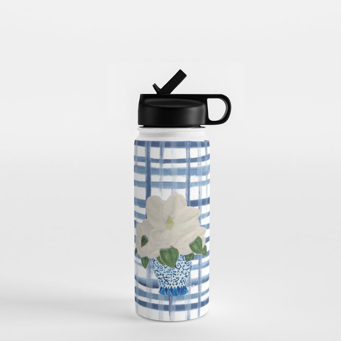 Watercolor Gingham Magnolias Ginger Jar Painting  Water Bottle Gallery Image 1
