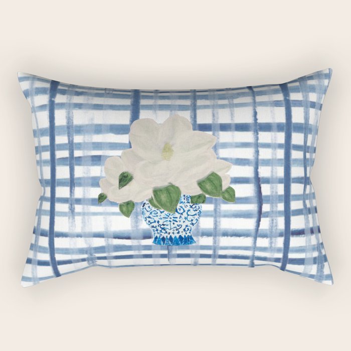 Watercolor Gingham Magnolias Ginger Jar Painting  Rectangular Pillow Gallery Image 1