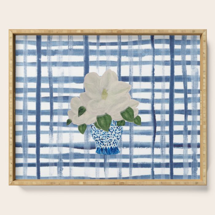 Watercolor Gingham Magnolias Ginger Jar Painting  Serving Tray Gallery Image 1