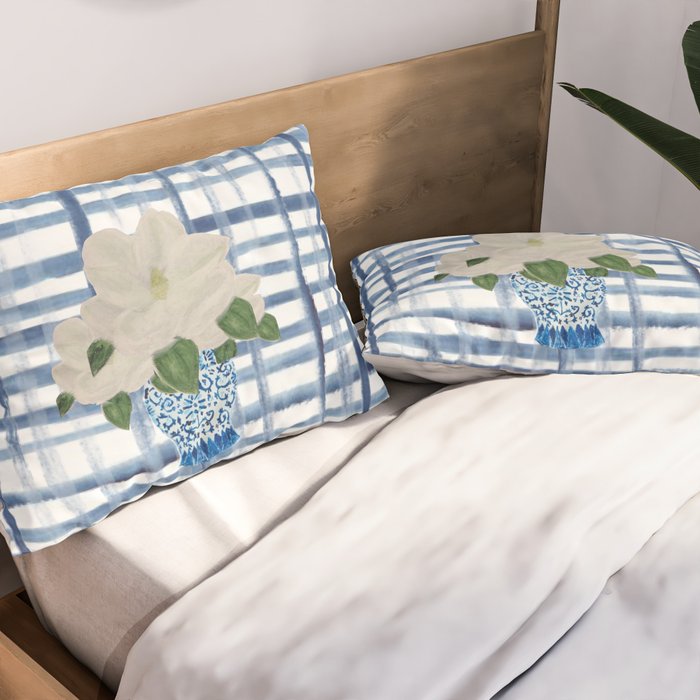 Watercolor Gingham Magnolias Ginger Jar Painting  Pillow Sham Gallery Image 2