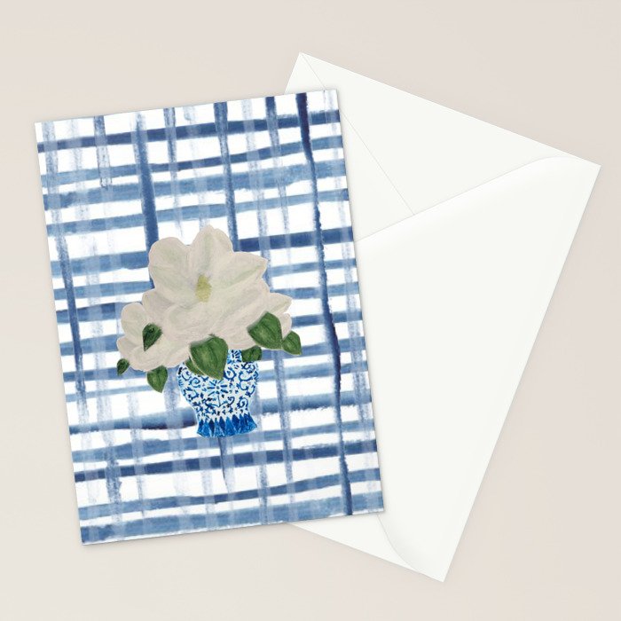 Watercolor Gingham Magnolias Ginger Jar Painting  Stationery Card Gallery Image 2