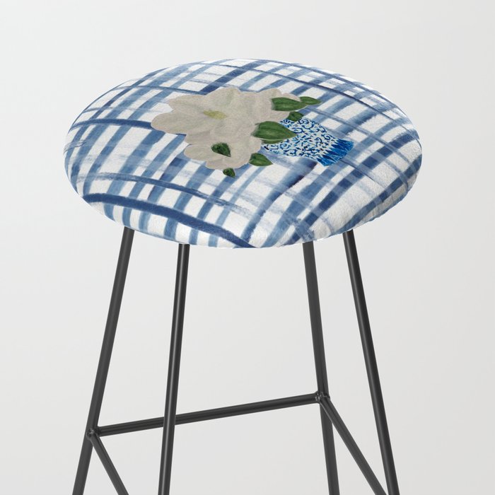 Watercolor Gingham Magnolias Ginger Jar Painting  Stool Gallery Image 2
