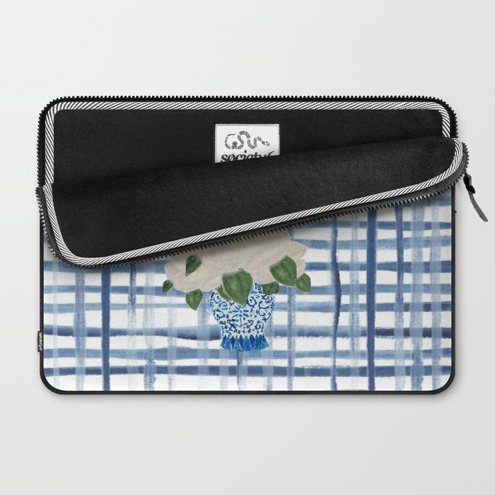 Watercolor Gingham Magnolias Ginger Jar Painting  Laptop Sleeve Gallery Image 2