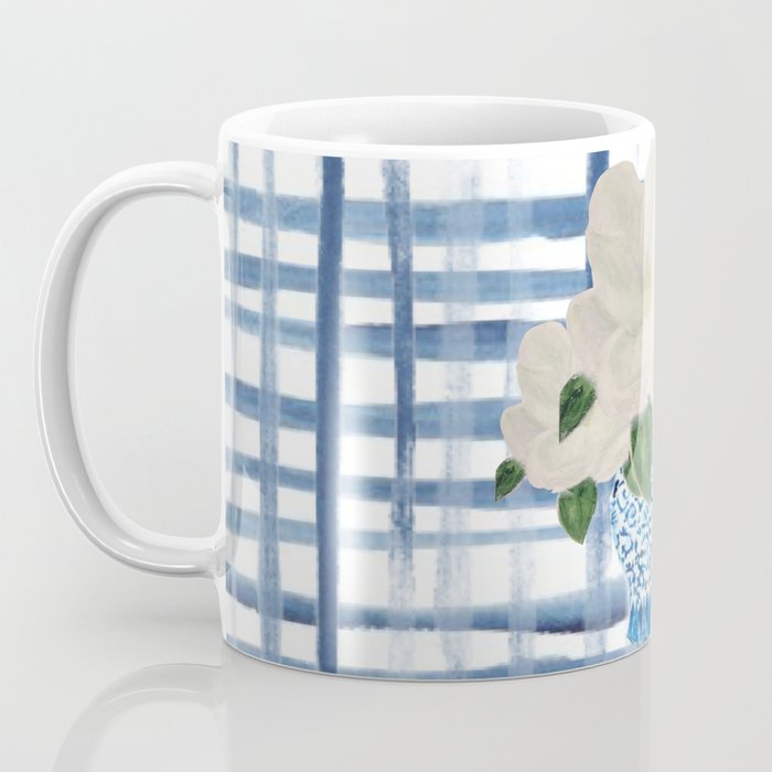 Watercolor Gingham Magnolias Ginger Jar Painting  Coffee Mug Gallery Image 3