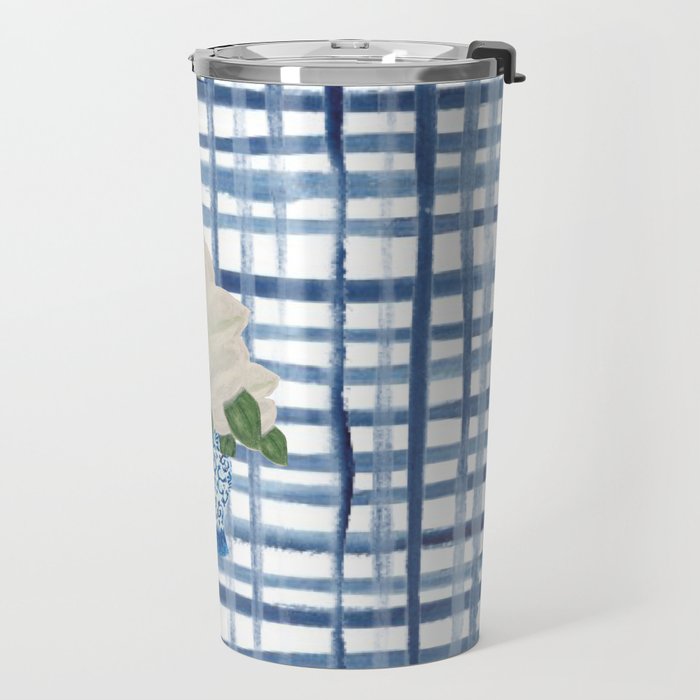 Watercolor Gingham Magnolias Ginger Jar Painting  Travel Mug Gallery Image 2
