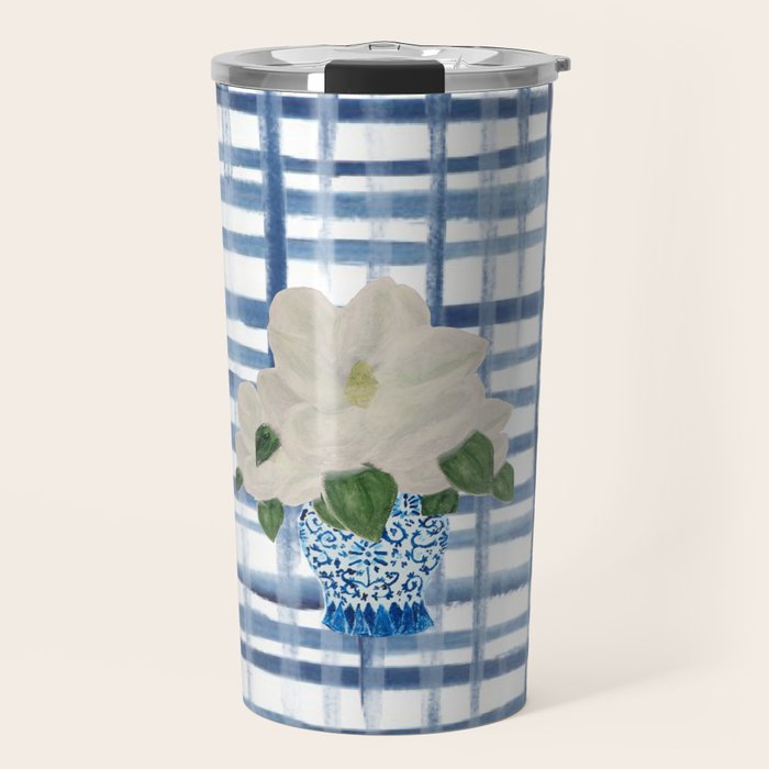 Watercolor Gingham Magnolias Ginger Jar Painting  Travel Mug Gallery Image 1