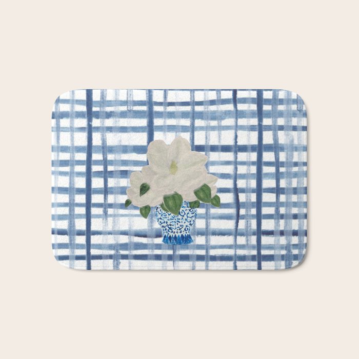 Watercolor Gingham Magnolias Ginger Jar Painting  Bath Mat Gallery Image 1