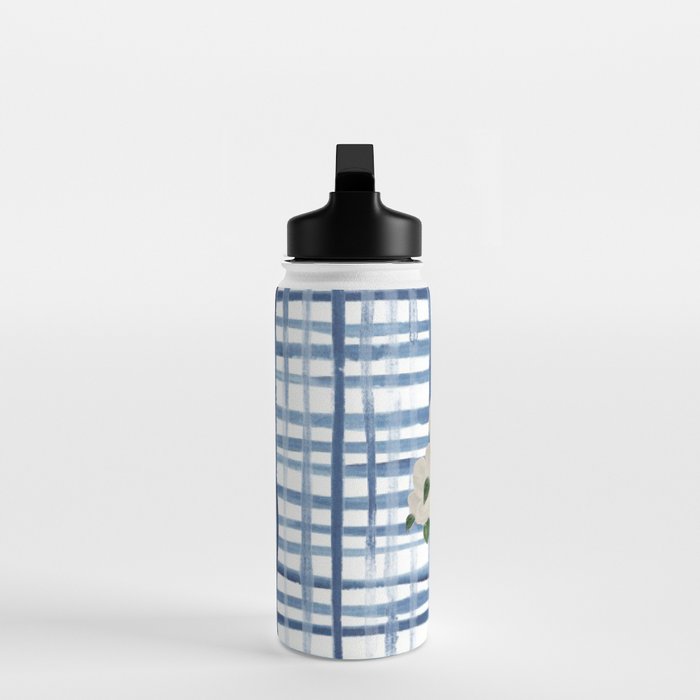 Watercolor Gingham Magnolias Ginger Jar Painting  Water Bottle Gallery Image 3