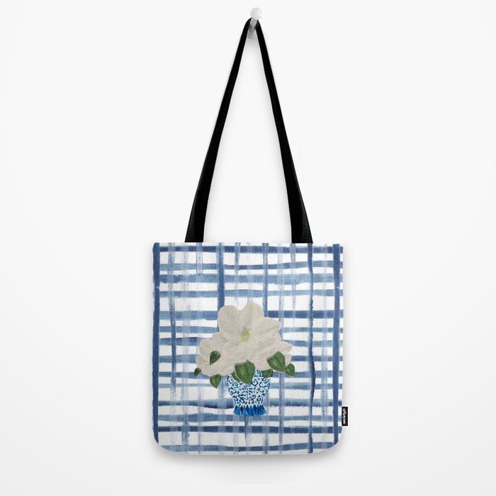 Watercolor Gingham Magnolias Ginger Jar Painting  Tote Bag Gallery Image 2