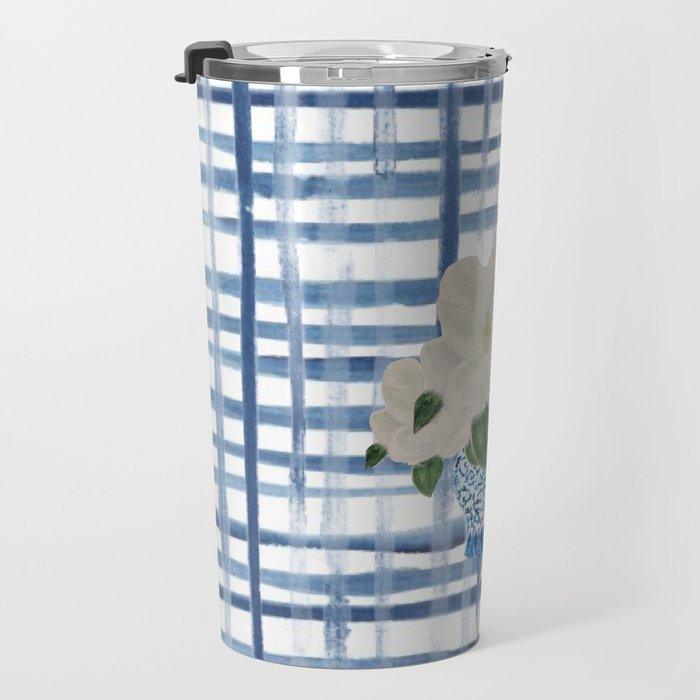 Watercolor Gingham Magnolias Ginger Jar Painting  Travel Mug Gallery Image 3