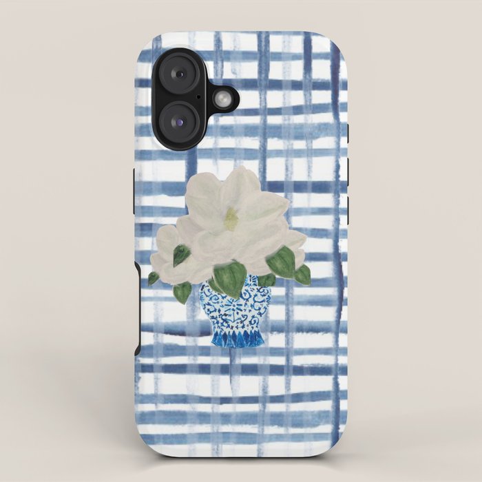 Watercolor Gingham Magnolias Ginger Jar Painting  iPhone Case Gallery Image 1