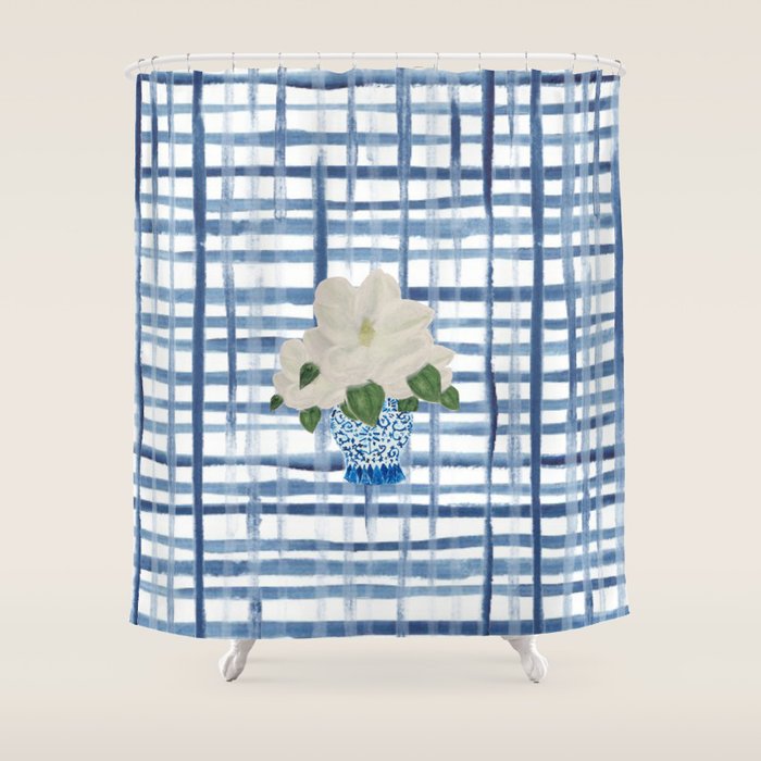 Watercolor Gingham Magnolias Ginger Jar Painting  Shower Curtain Gallery Image 1