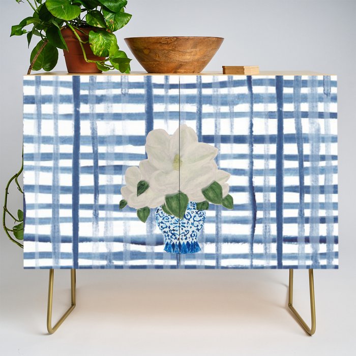 Watercolor Gingham Magnolias Ginger Jar Painting  Credenza Gallery Image 1