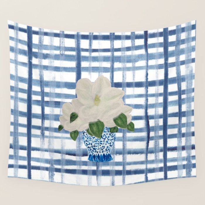 Watercolor Gingham Magnolias Ginger Jar Painting  Wall Tapestry Gallery Image 4
