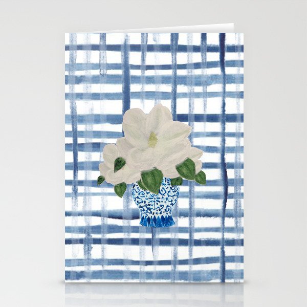 Watercolor Gingham Magnolias Ginger Jar Painting  Stationery Card Gallery Image 2