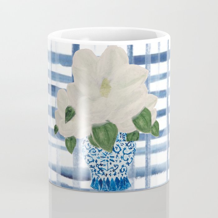 Watercolor Gingham Magnolias Ginger Jar Painting  Coffee Mug Gallery Image 4