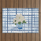 Watercolor Gingham Magnolias Ginger Jar Painting  Outdoor Rug Gallery Image 1