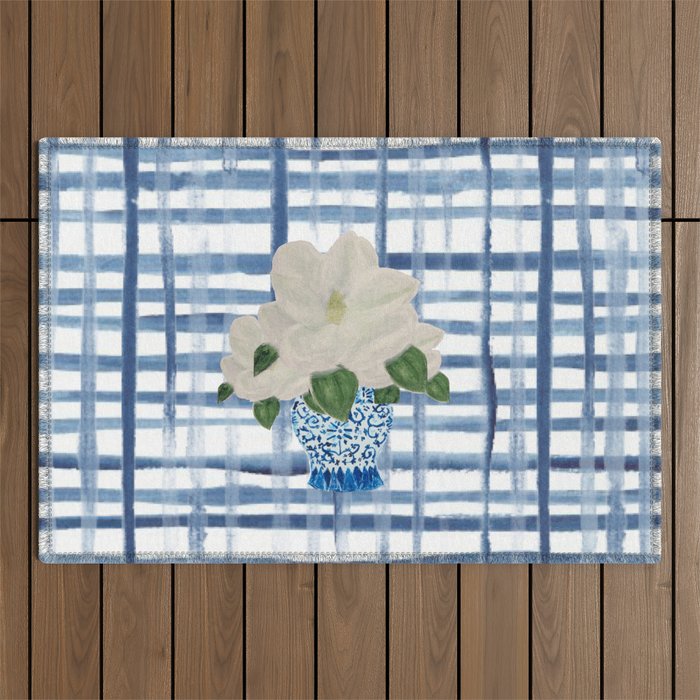 Watercolor Gingham Magnolias Ginger Jar Painting  Outdoor Rug Gallery Image 1