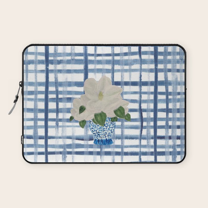 Watercolor Gingham Magnolias Ginger Jar Painting  Laptop Sleeve Gallery Image 1