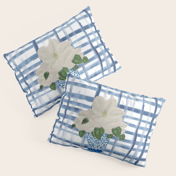 Watercolor Gingham Magnolias Ginger Jar Painting  Pillow Sham Gallery Image 3